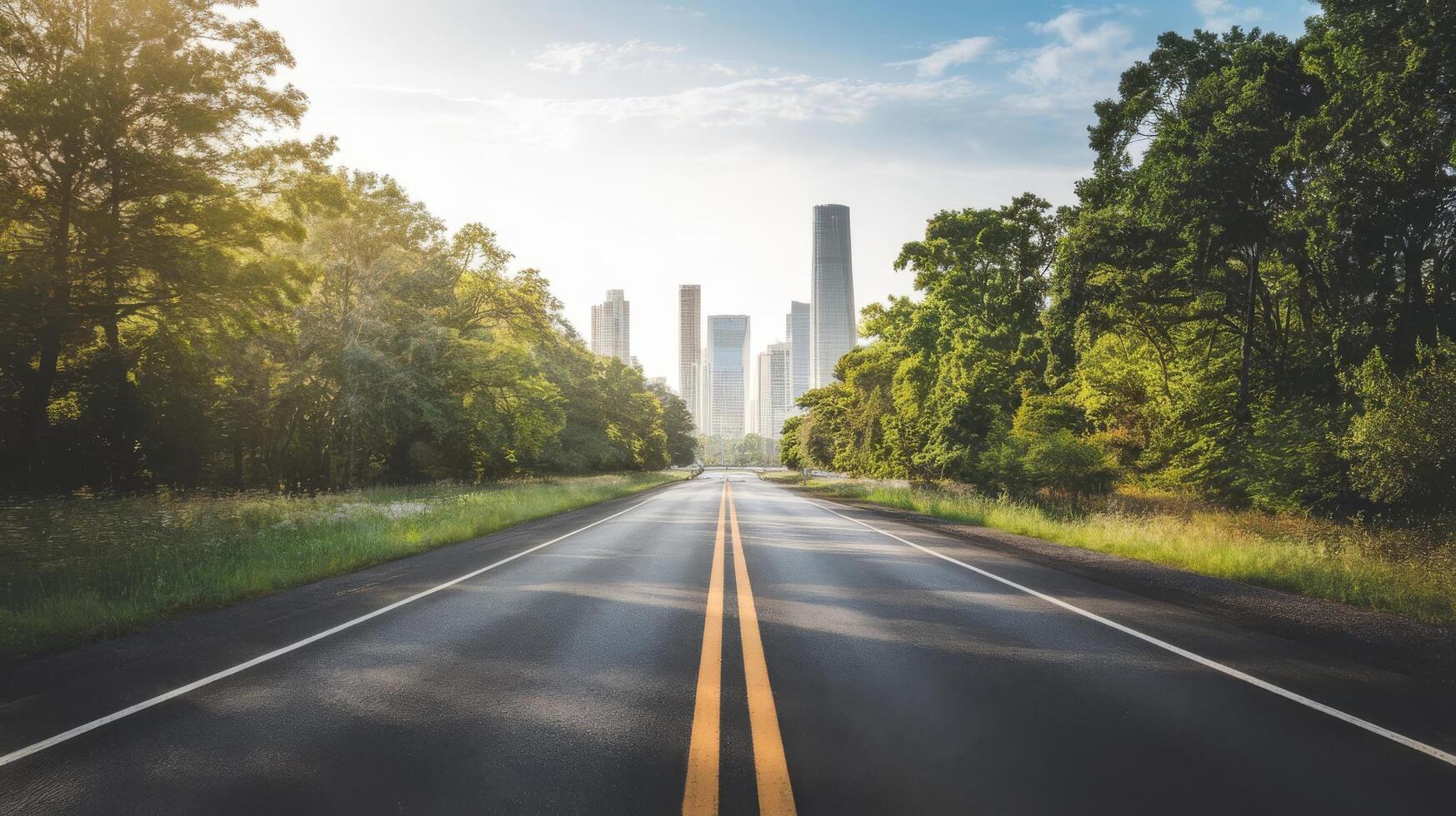 A road with trees and a city in the background photo