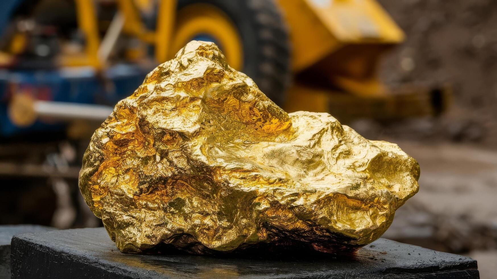A large gold nugget sitting on a black block photo