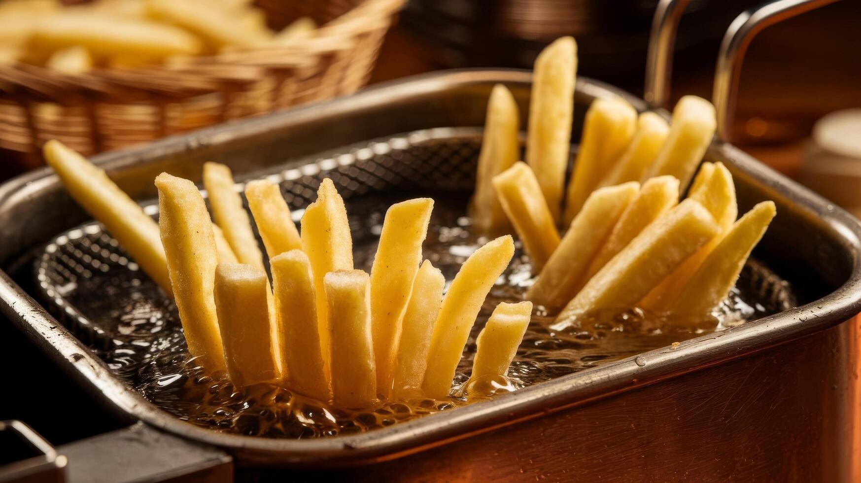 French fries in a basket being fried in a fryer photo