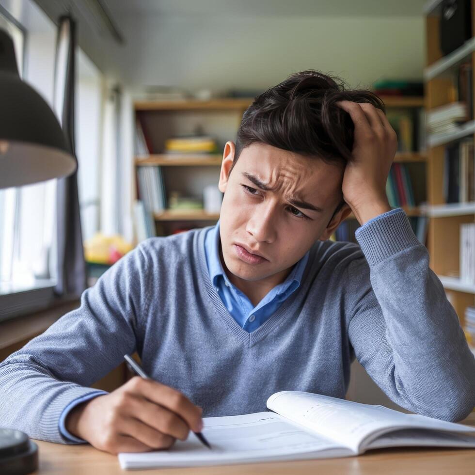 A young man is sitting at a desk with a pen and paper photo