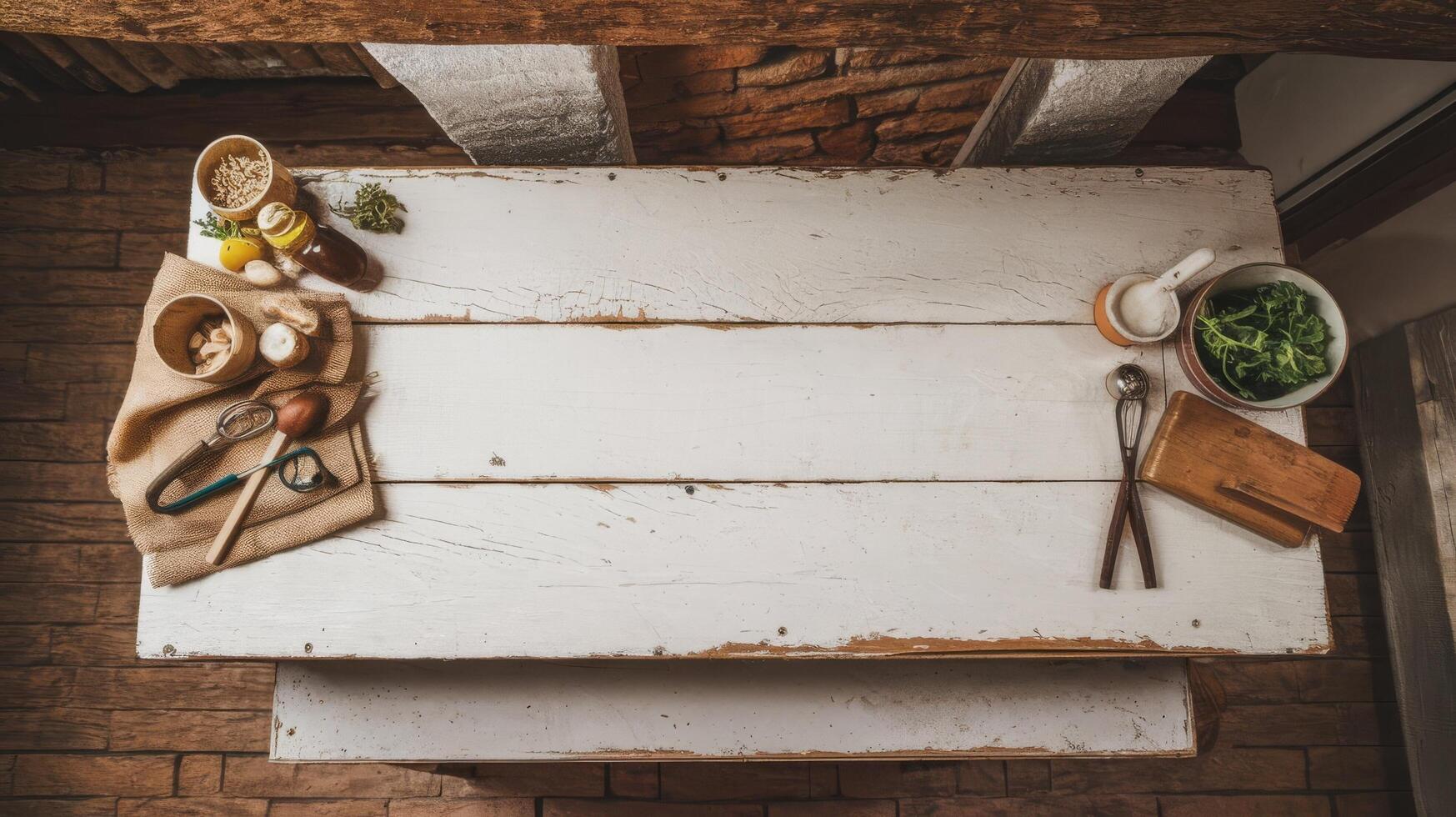 An overhead view of a kitchen table with utensils photo