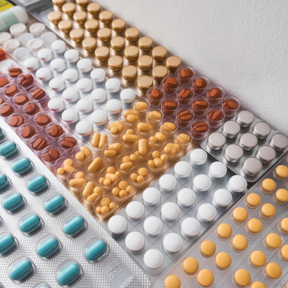 A tray of pills and tablets on a counter photo