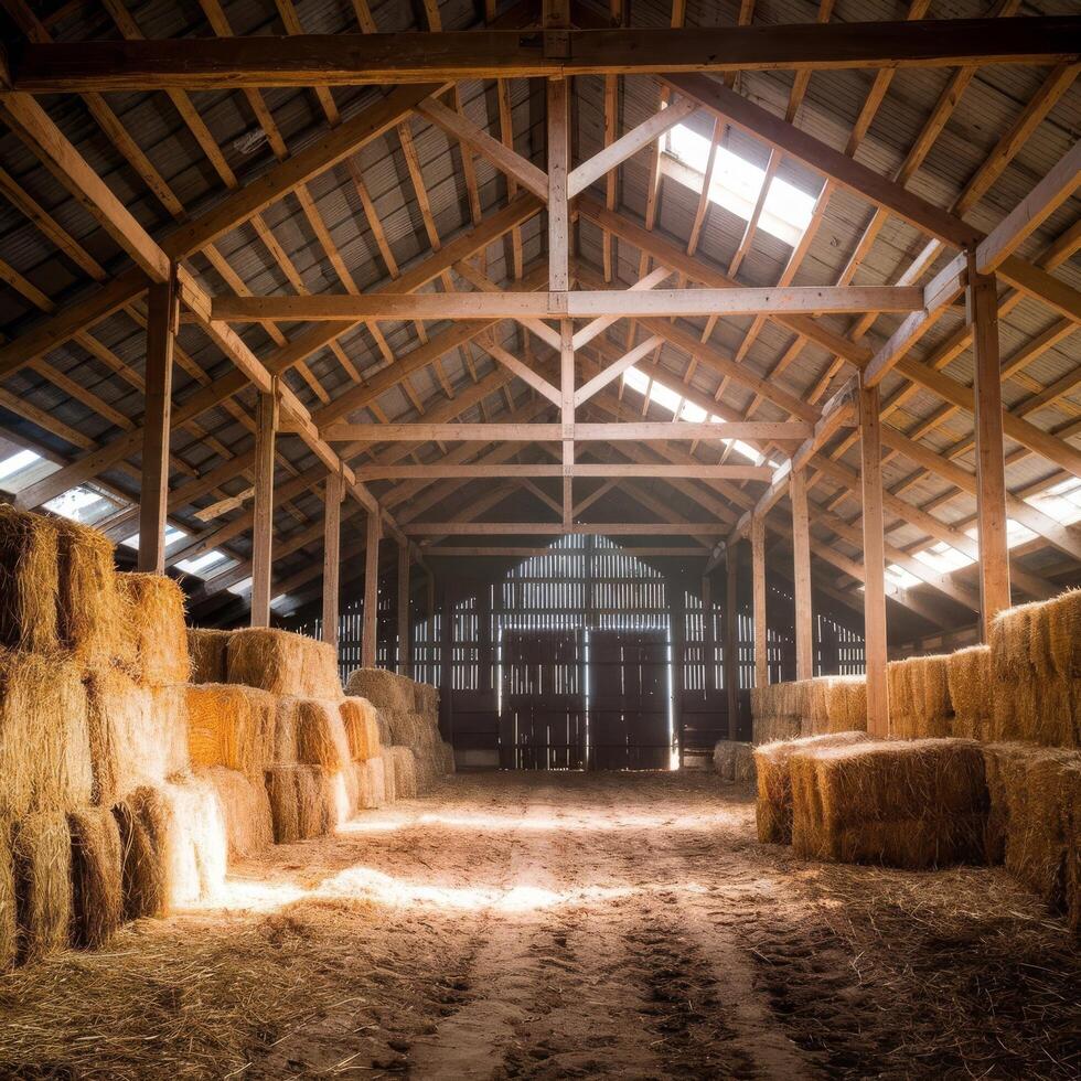 An empty barn with hay bales and a wooden ceiling photo