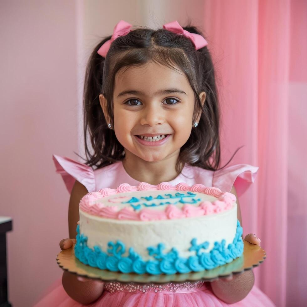 A little girl in a pink dress holding a cake photo