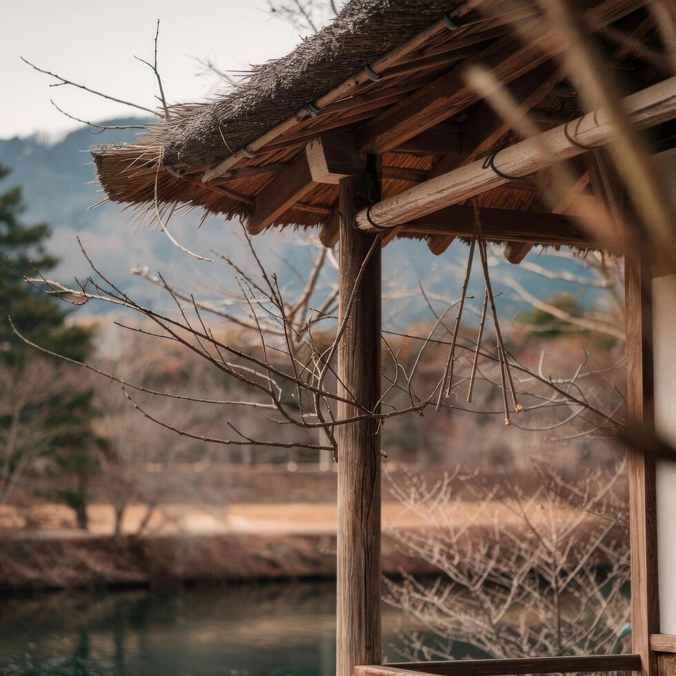 A wooden roof over a small hut with a mountain in the background photo