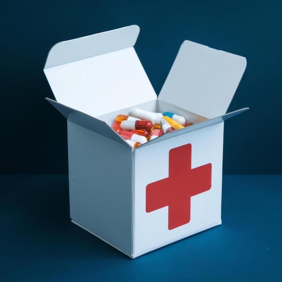 A box with pills and a red cross in it photo