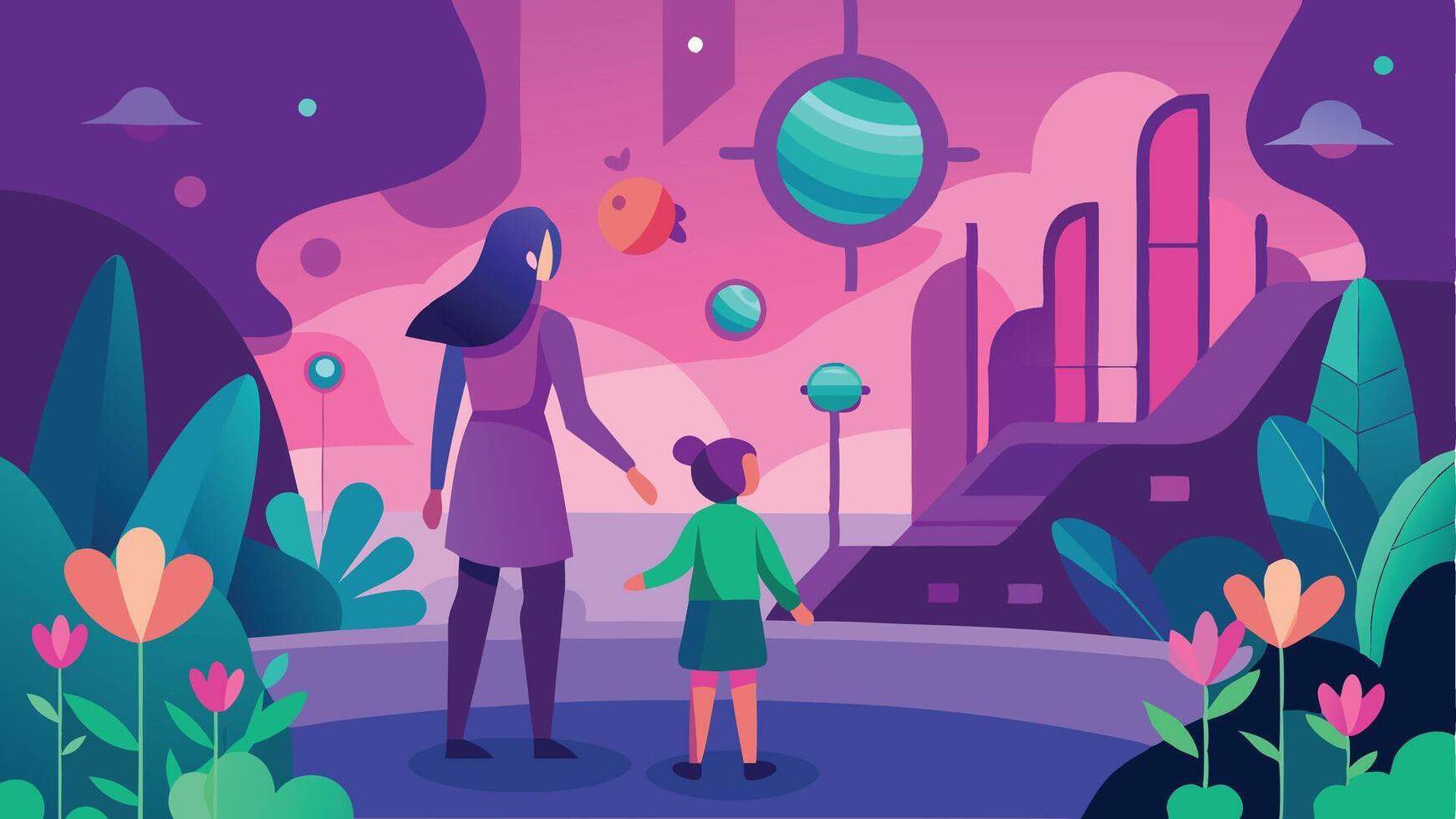 Happy Mothers Day Illustration Mother And Daughter Exploring A Futuristic Botanical Garden vector