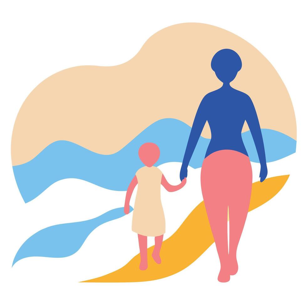 Flat Color Illustration of a Mother and Child Walking Hand in Hand on Mothers Day vector