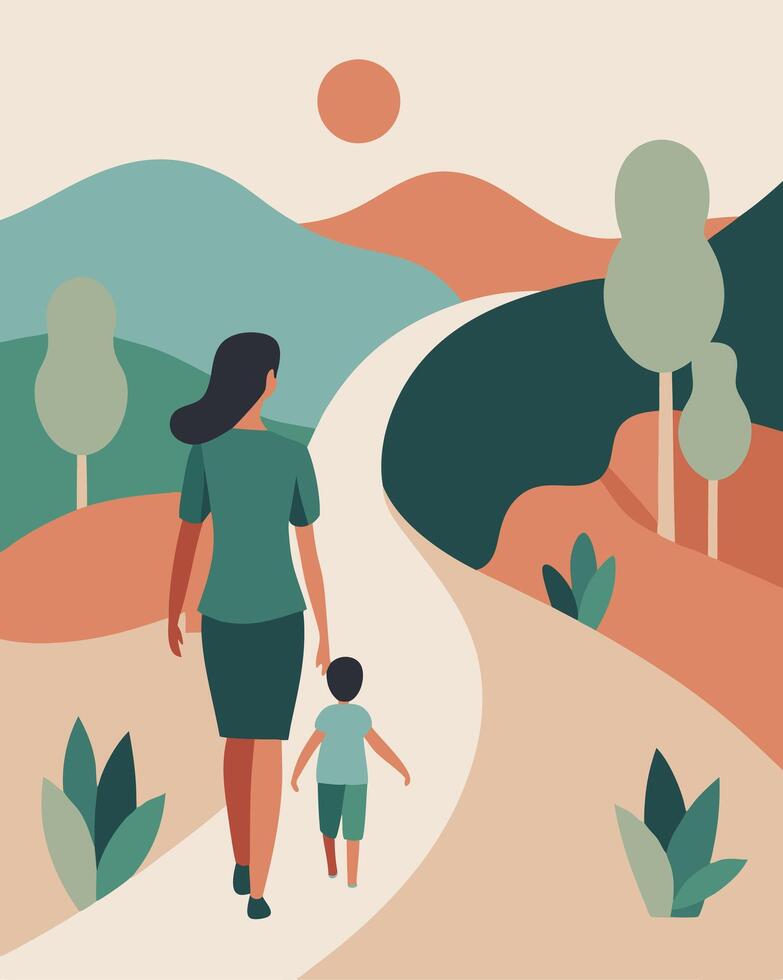 Tranquil Mothers Day Illustration Mother and Child Exploring a Peaceful Nature Trail vector