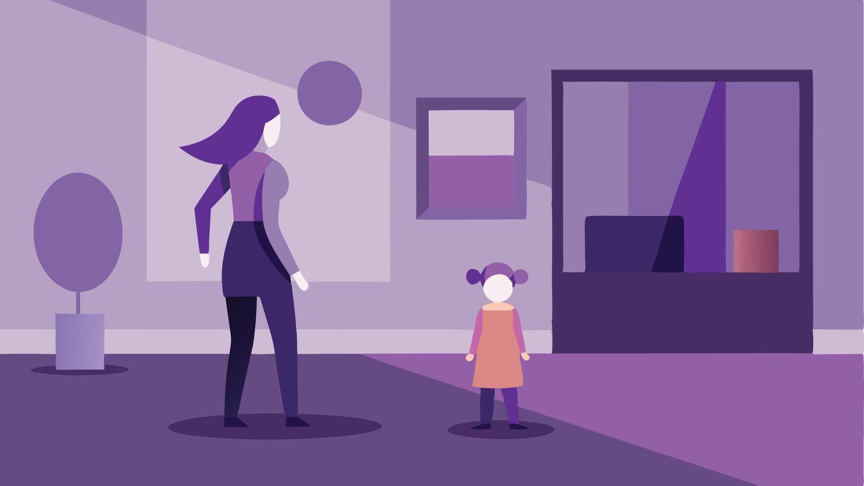Happy Mothers Day Illustration Mother And Daughter Exploring An Art Gallery With Modern Exhibits vector