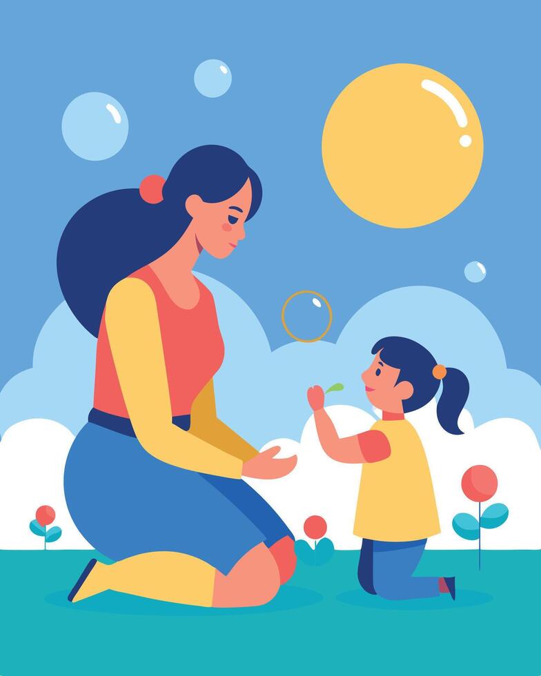 Delightful Illustration Mother And Child Playing With Kites Outdoors vector