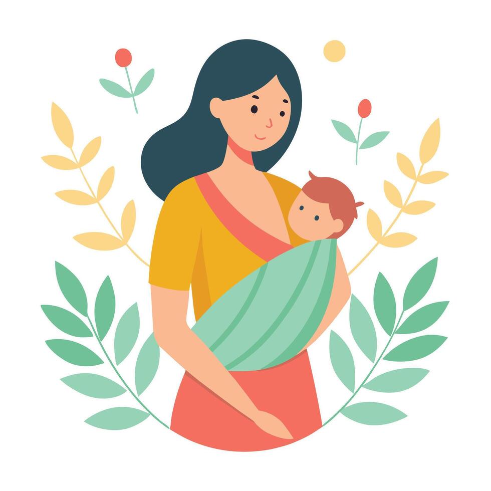 Lovely illustration of a mother carrying her baby in a decorated sling on Happy Mother's Day vector