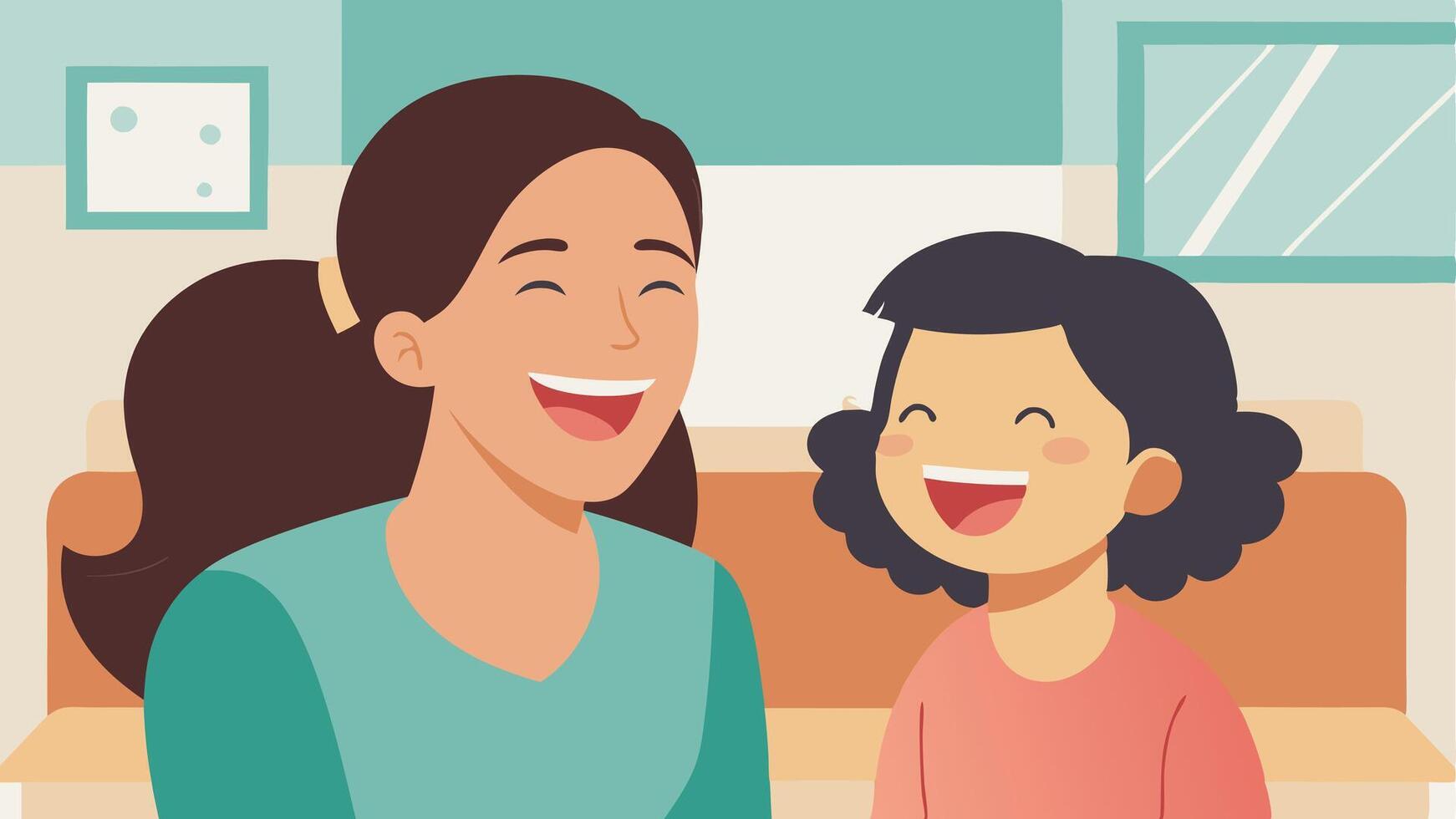 Happy Mothers Day Illustration Mother And Daughter Laughing Together In A Bright Sunny Room vector