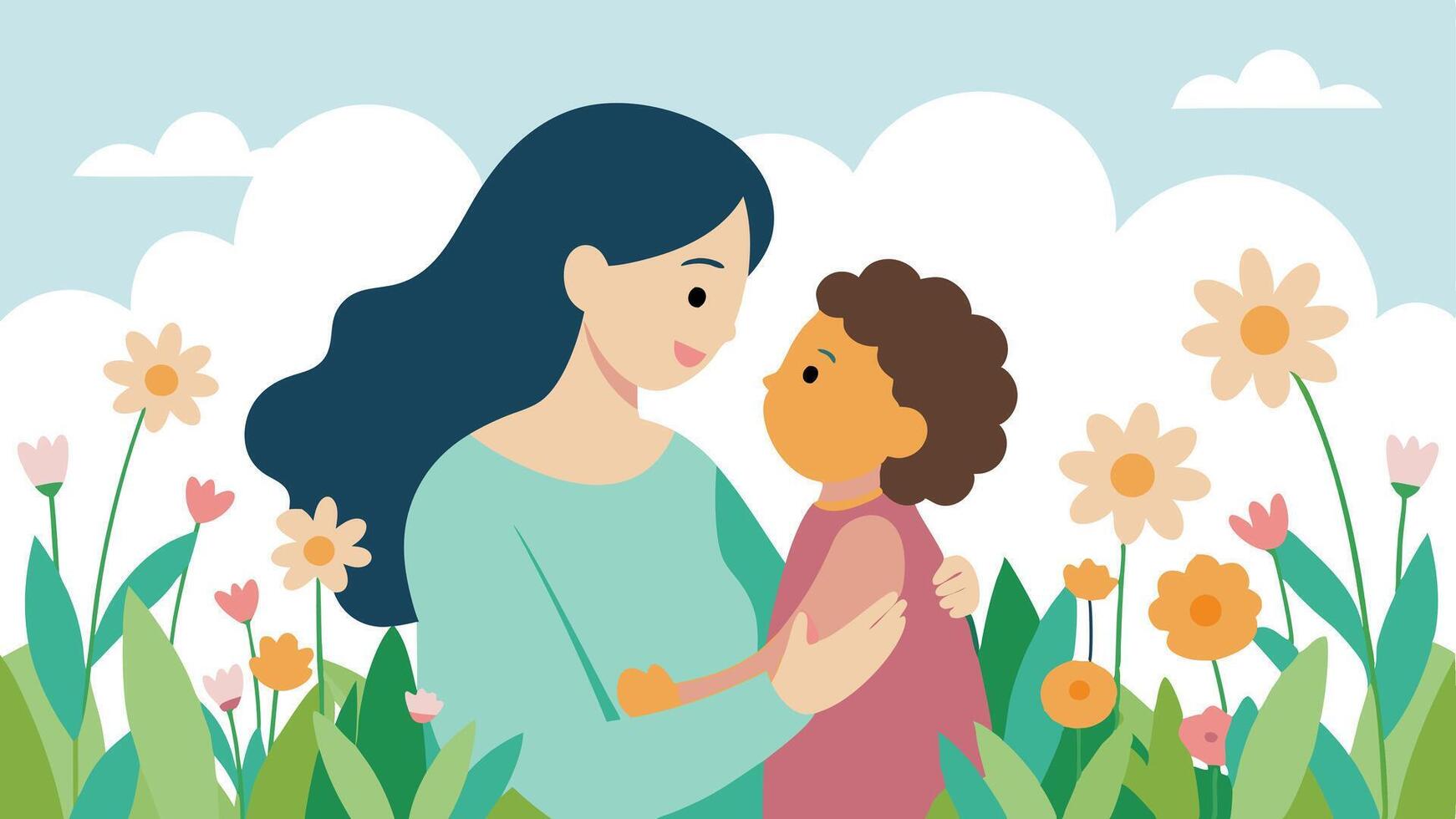 Wild Nature Bond. Mother and Child Sharing a Tender Moment in the Open Outdoors on Mothers Day vector