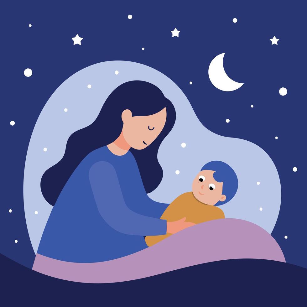Heartwarming Mothers Day Illustration of a Mother Gently Tucking Her Child into Bed with Soft Affection vector