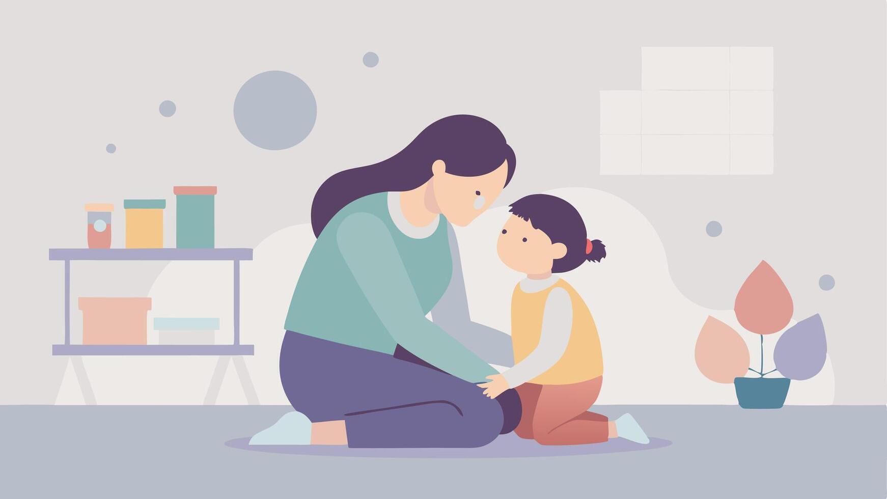Happy Mothers Day Illustration Mother Comforting Her Child In A Modern Playroom With Warmth vector