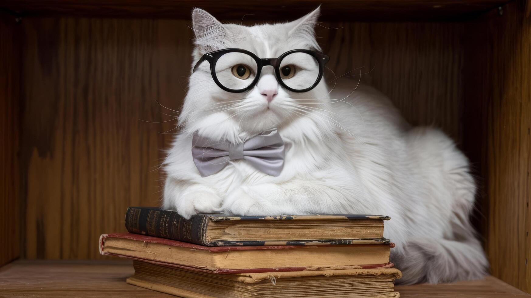 A white cat wearing glasses and a bow tie sitting on top of books photo