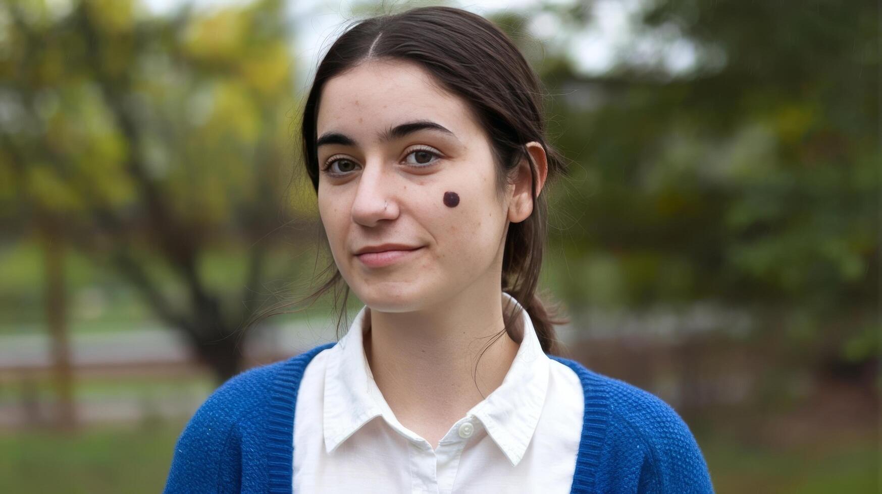 A young woman with a black dot on her face photo