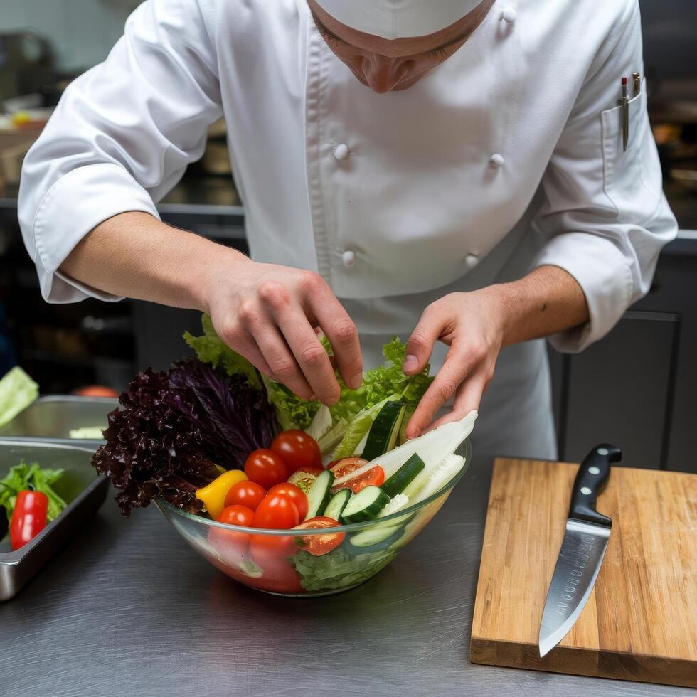 A chef preparing a salad in a kitchen photo