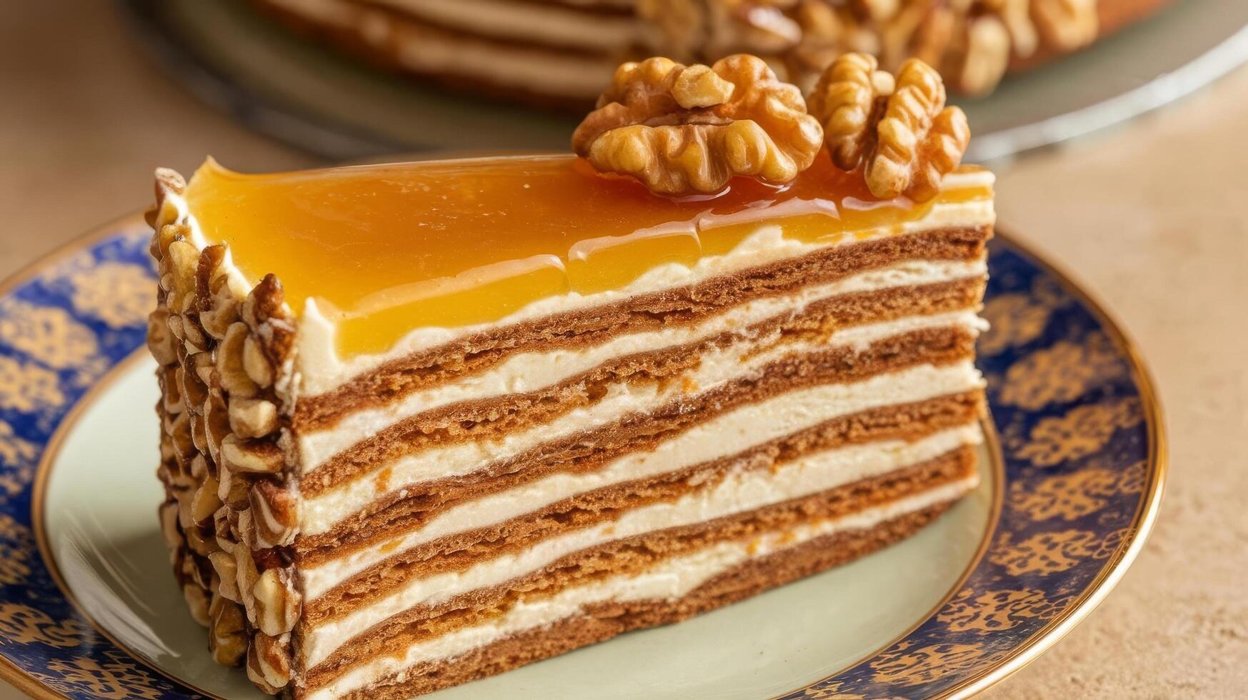 A piece of cake with walnuts on top photo
