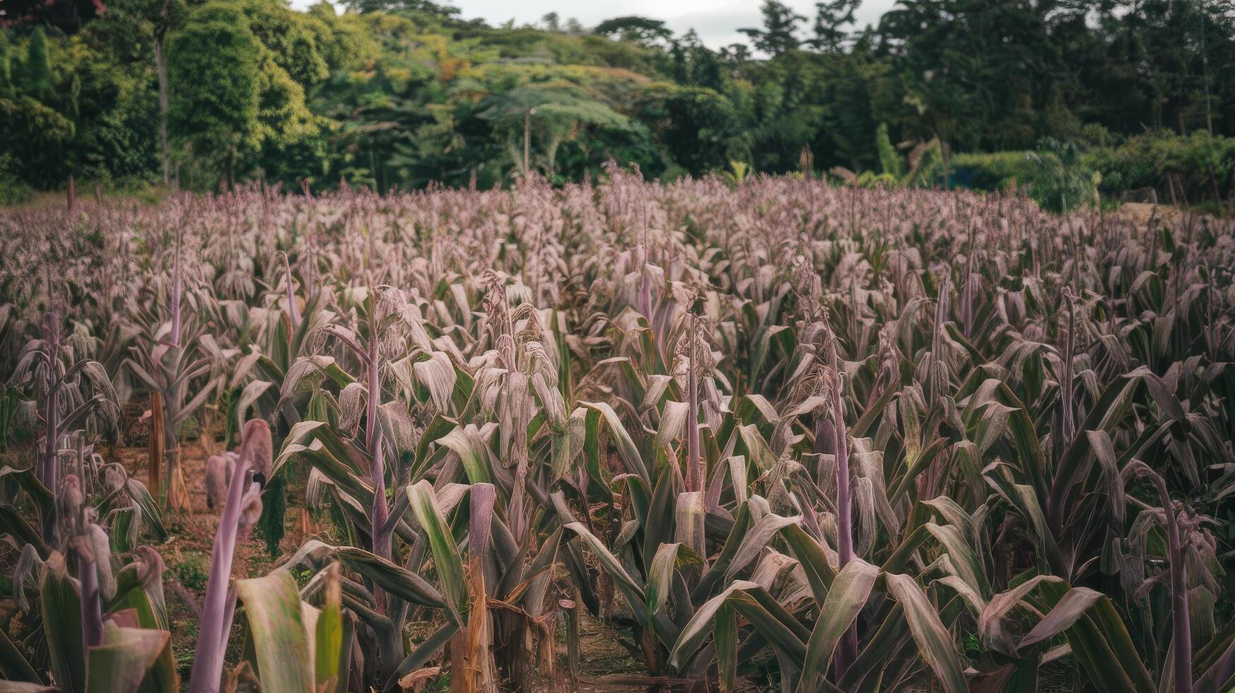 A field of corn with purple plants photo
