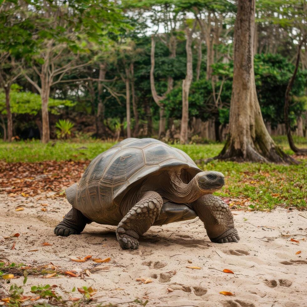 A large tortoise walking on the ground in the forest photo
