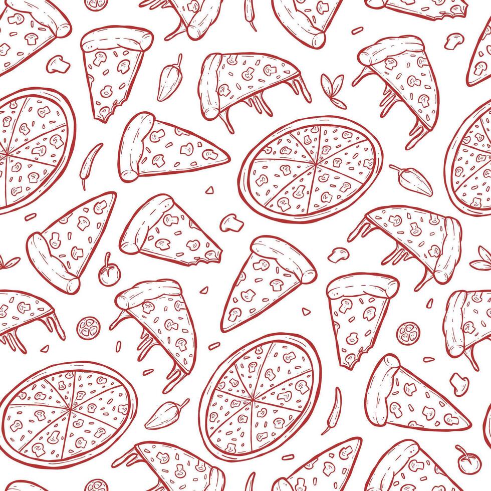 Italian mushroom pizza hand drawn seamless pattern background vector