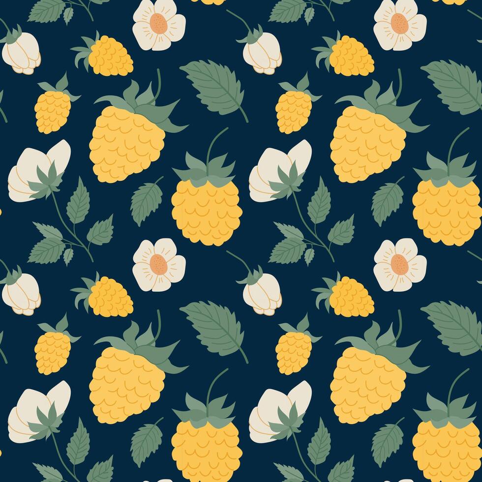Yellow raspberry hand drawn illustrations. Raspberries pattern seamless vector