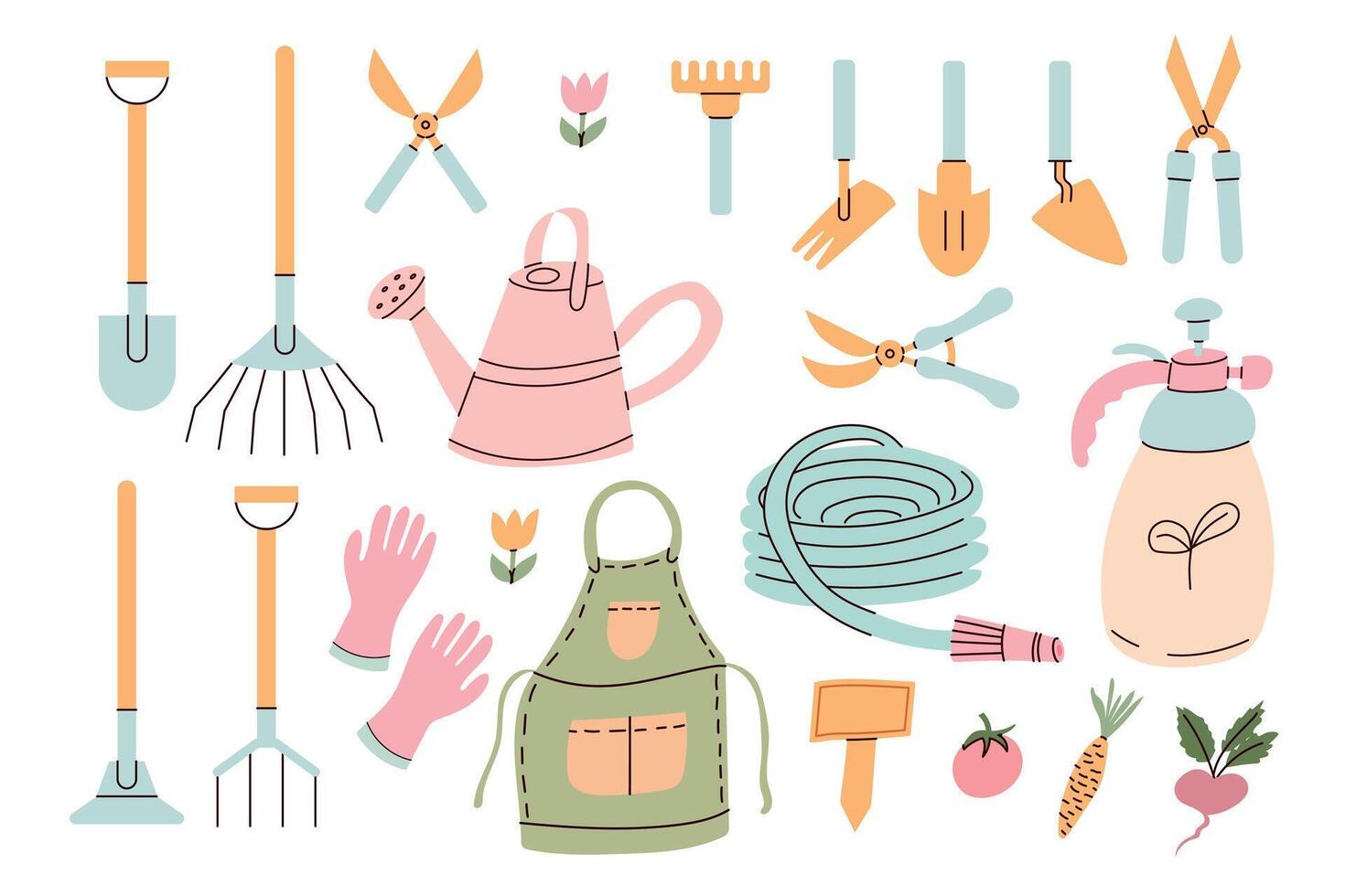 Set of gardening items in hand drawn style. vector
