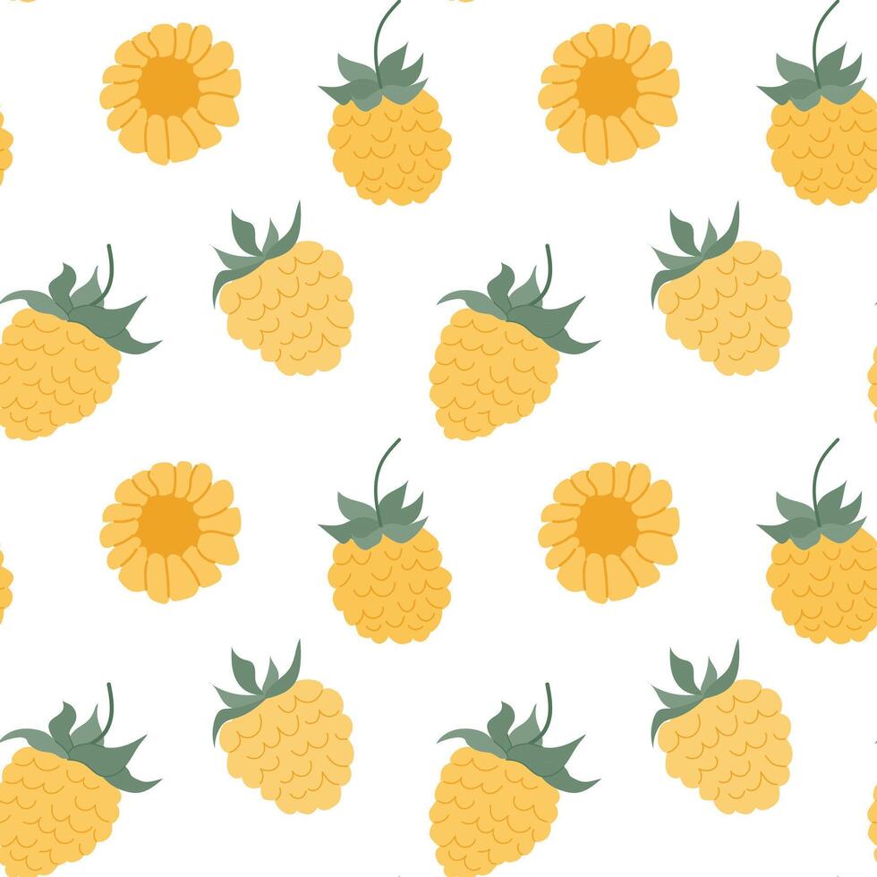 Yellow raspberry and flower pattern on white background creating a lively tropical vibe vector