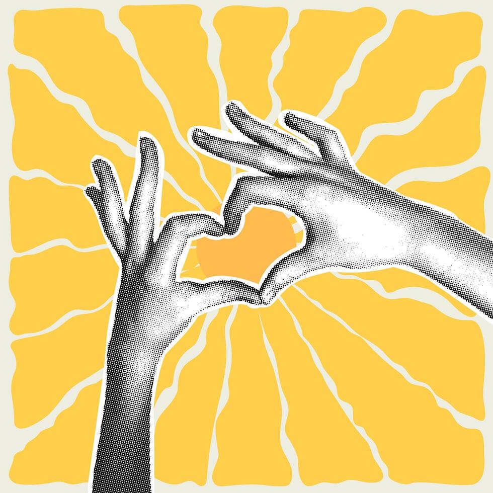 Trendy halftone collage in retro style. Heart-shaped sunshine. Heart shaped hands on sun background in retro style. illustration vector