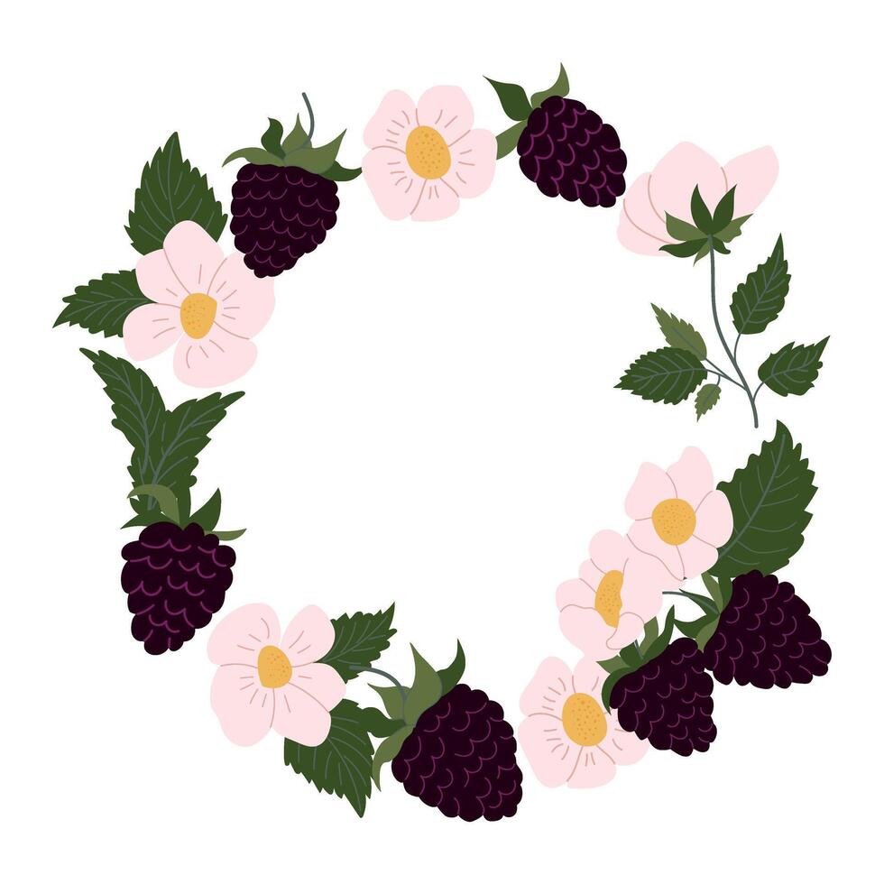 Beautiful floral and berry wreath design showcasing blackberries and blossoms in a circular arrangement vector
