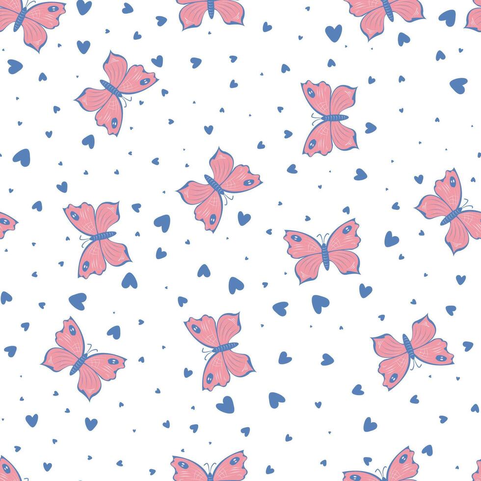 Summer cute seamless pattern with pink butterflies and blue hearts. Butterfly on a white background. vector