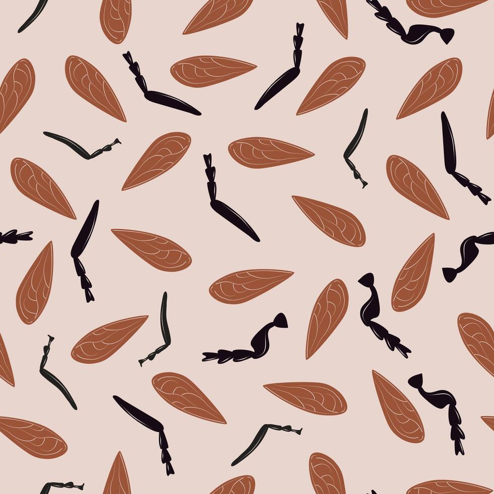 Seamless pattern with paws and wings of flying insects on a beige background. vector