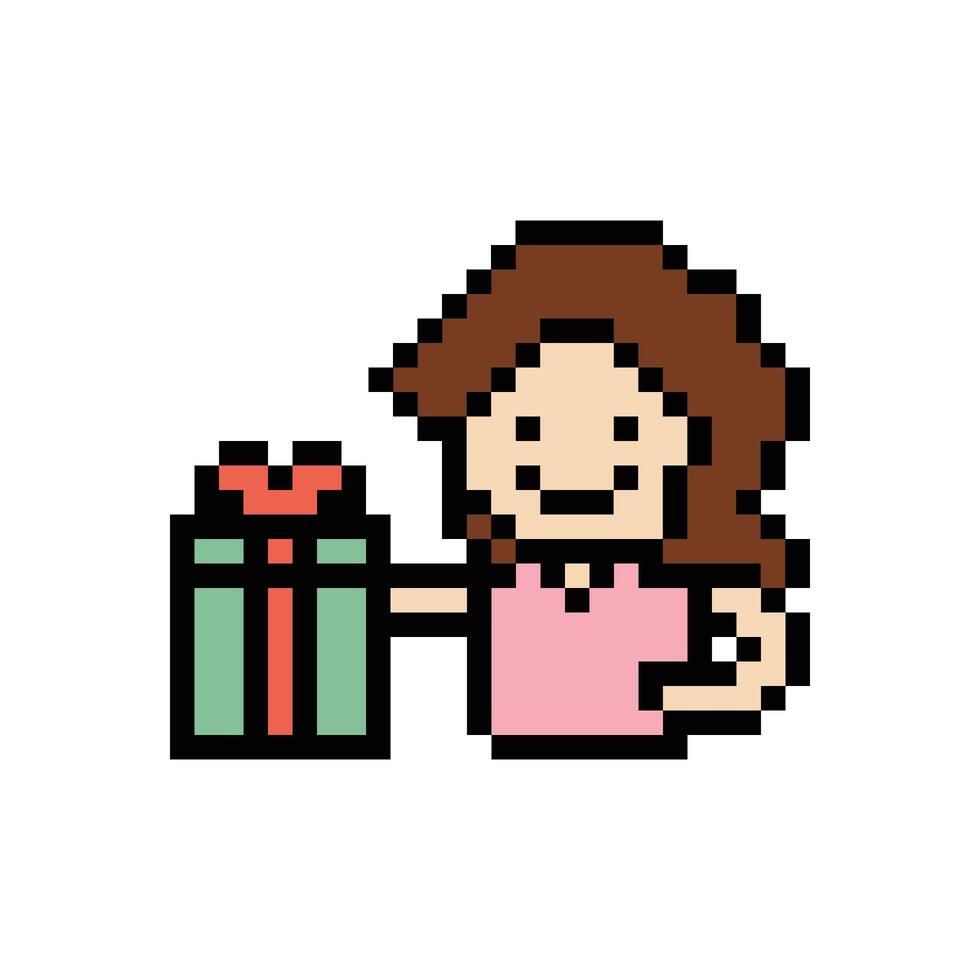 Cartoon of lady woman female girl with cute gift box birthday gift give 8 bit. vector