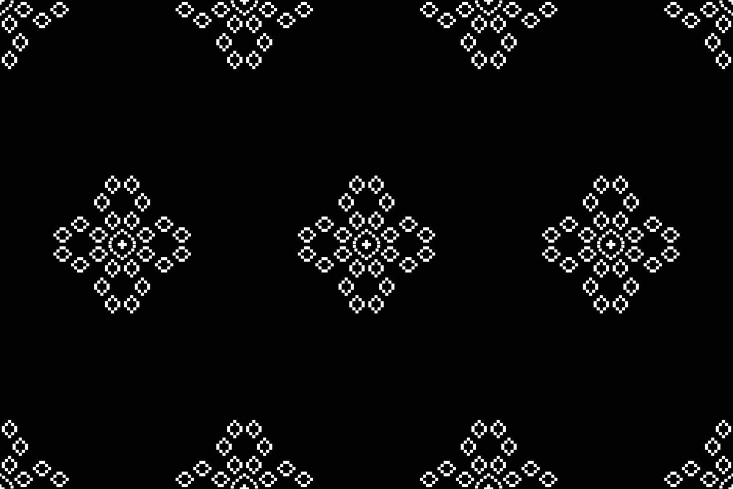 Cross stitch decor motif black color background ethnic fabric pattern. vector