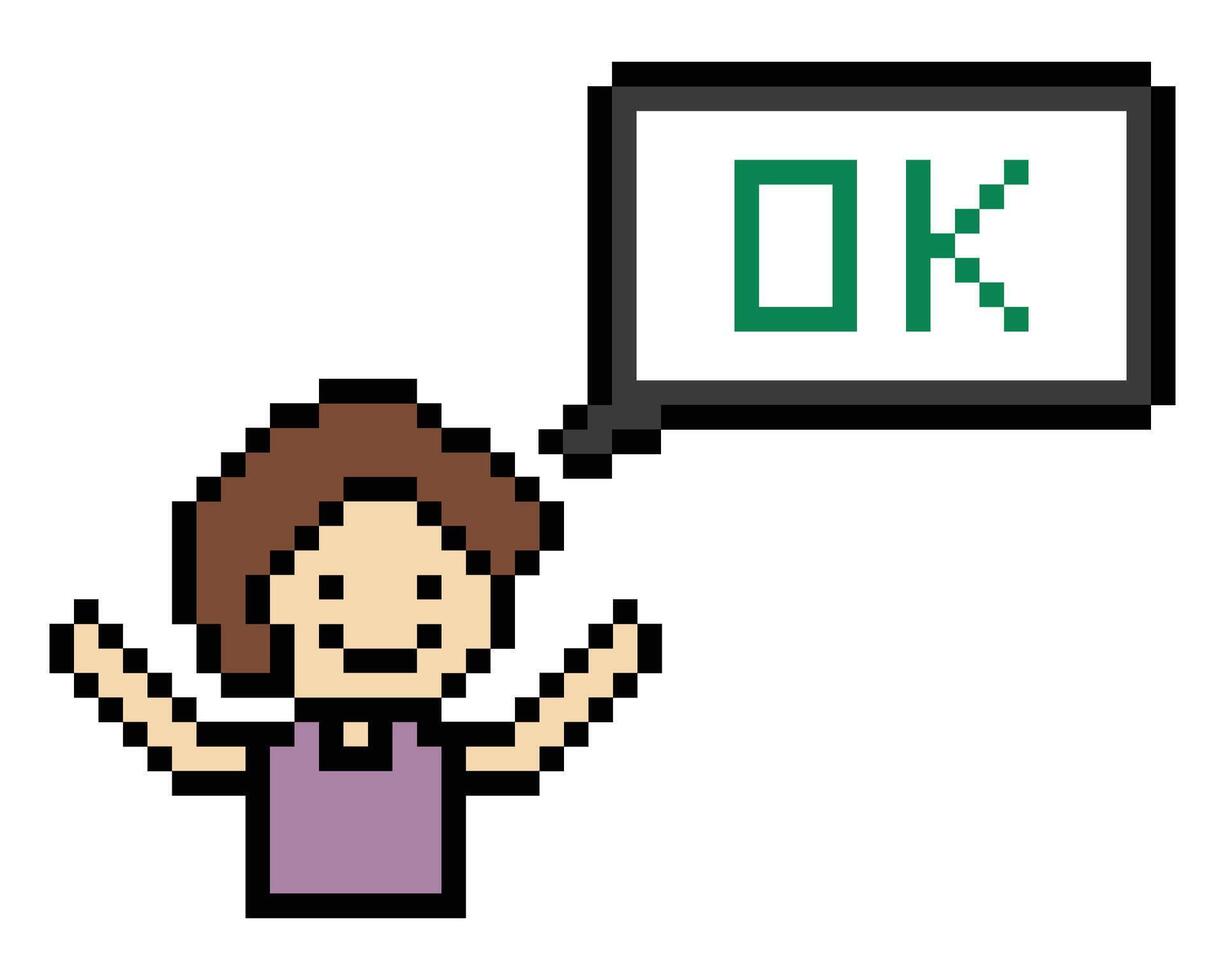Man male boy happy with chat box OK accept agree okay 8 bit. vector
