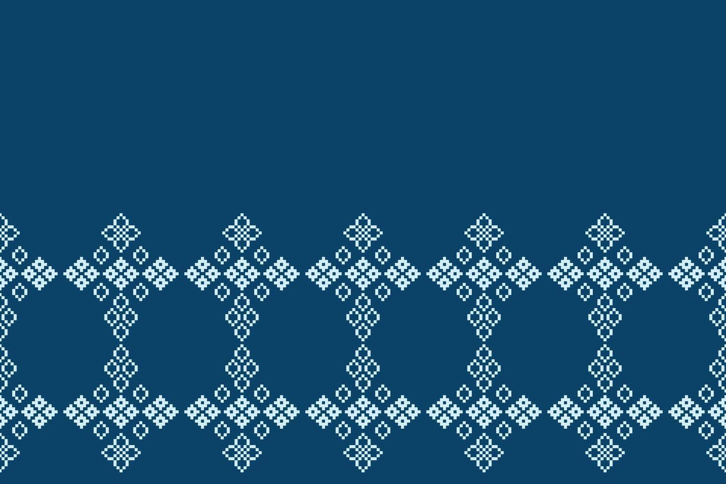 Blue color background motif cross stitch ethnic design pixel wallpaper decor. vector