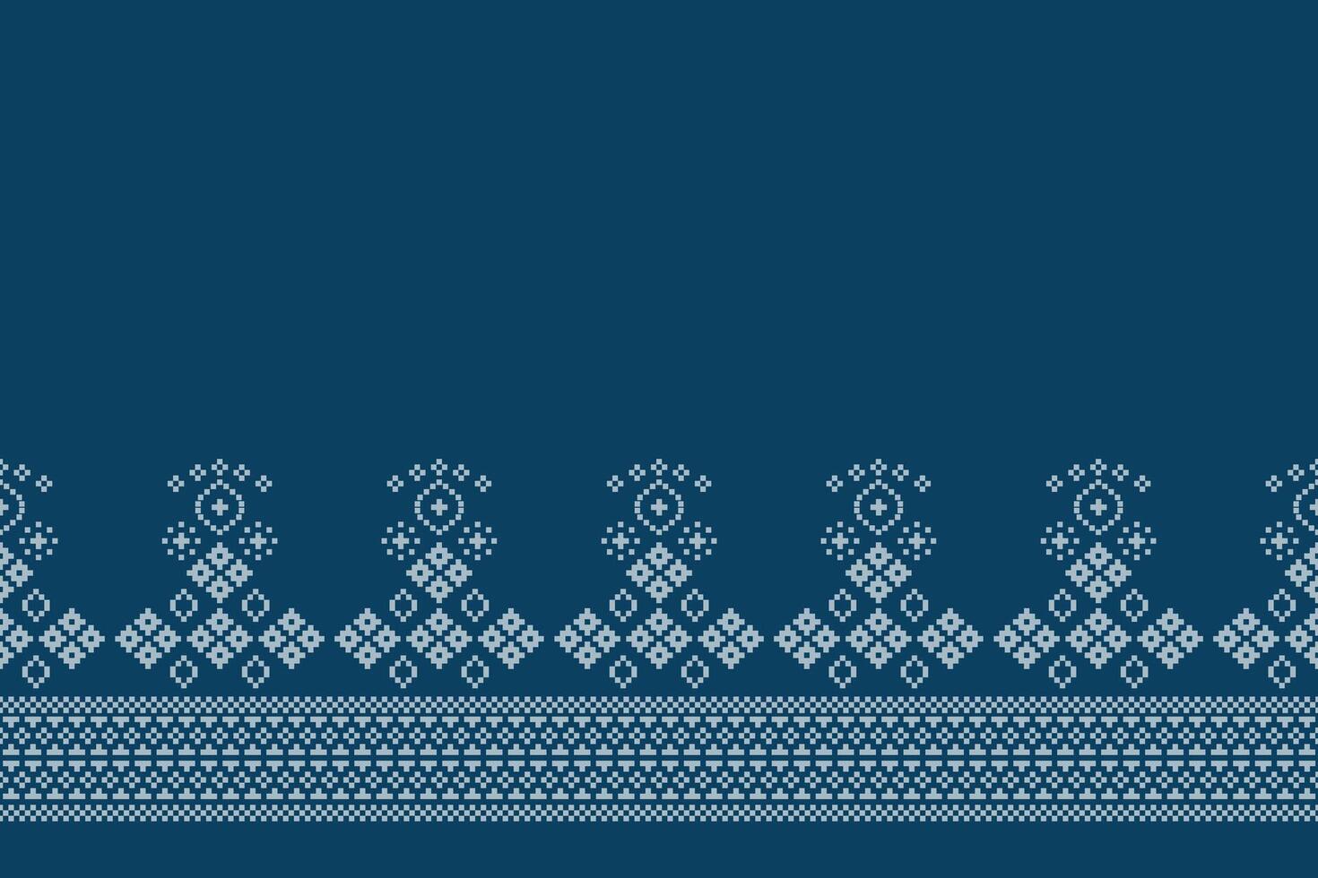 Fabric pattern of blue color background ethnic pattern cross stitch decor. vector