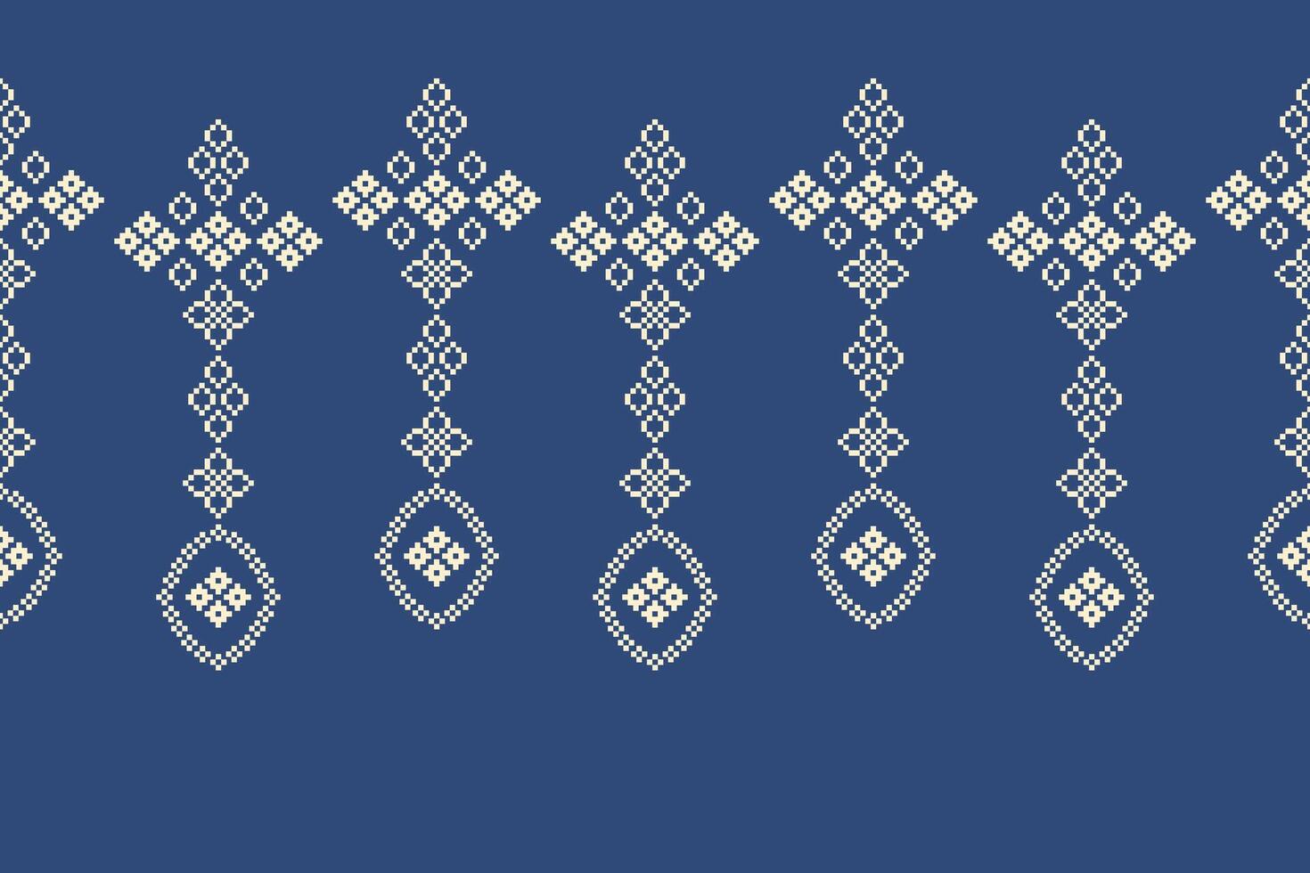 Fabric pattern of blue color background motif cross stitch ethnic design pixel. vector