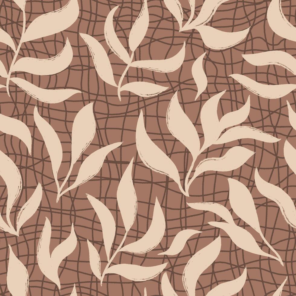 Seamless pattern with simple silhouettes of leaves and branches on ink waves background. Hand drawn botanical print for textile, fabric, wallpaper, wrapping, scrapbook and packaging vector