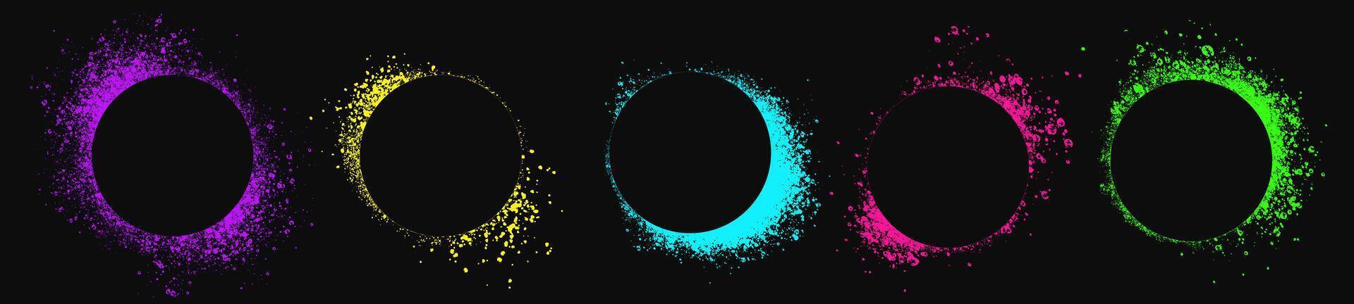 Set of neon colored circle spray stencils isolated on black background. Urban street graffiti style. Airbrush paint splatter borders, grunge street art frames with splash effect and drops. vector