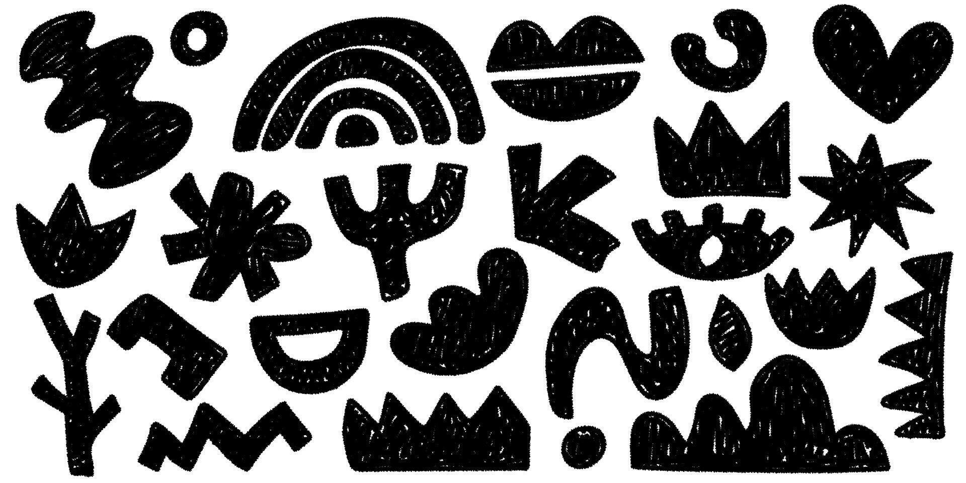 Set of pencil drawn modern blsck textured shapes. Trendy collections of abstract doodle pieces. Creative collage with funky abstract geometric objects in a naive style vector