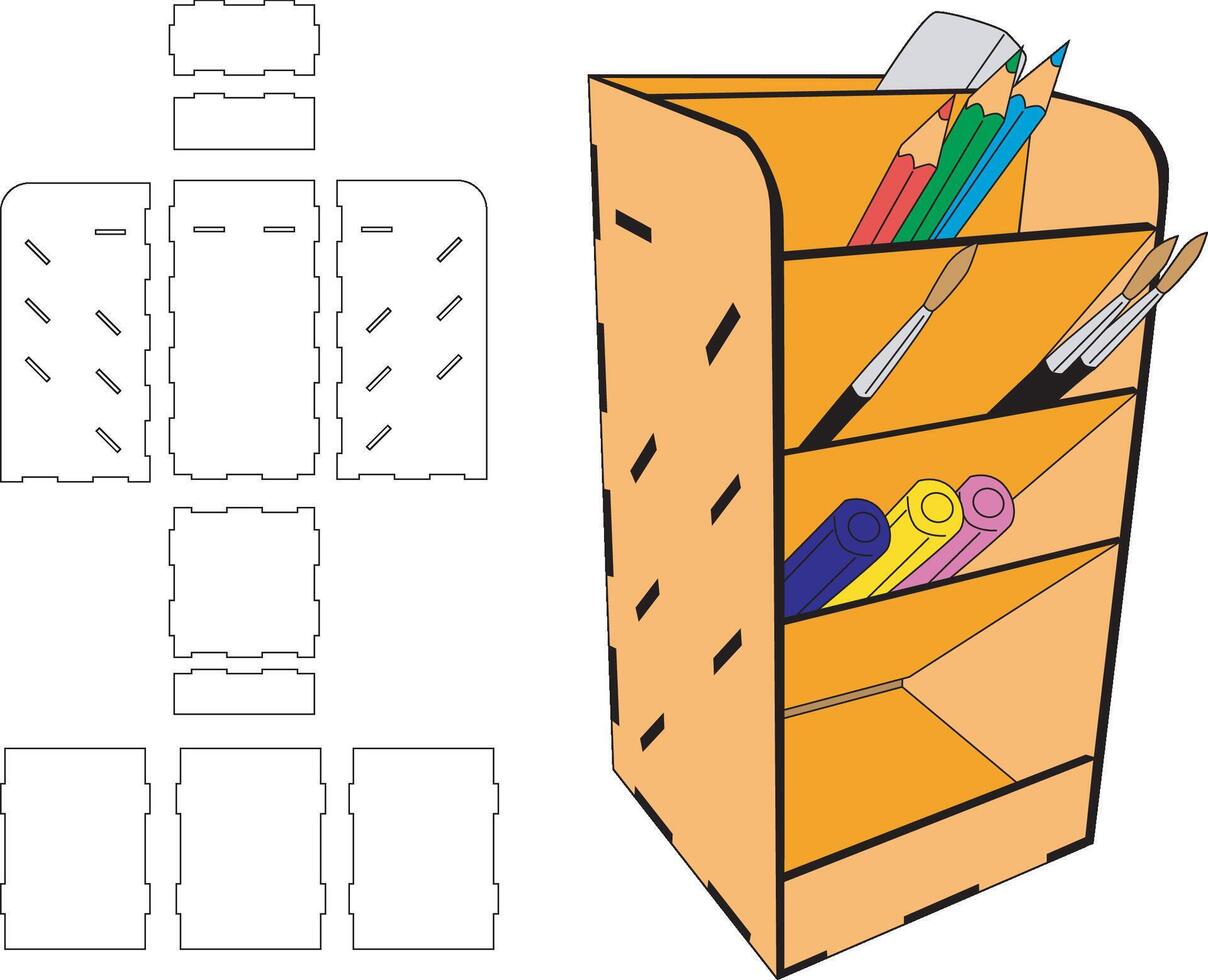 Laser cut template Desk organizer pencil tower 4 x 4 x 8 inches - 10 x 10 x 20 cm for 3 mm material mdf wood diy crafts vector