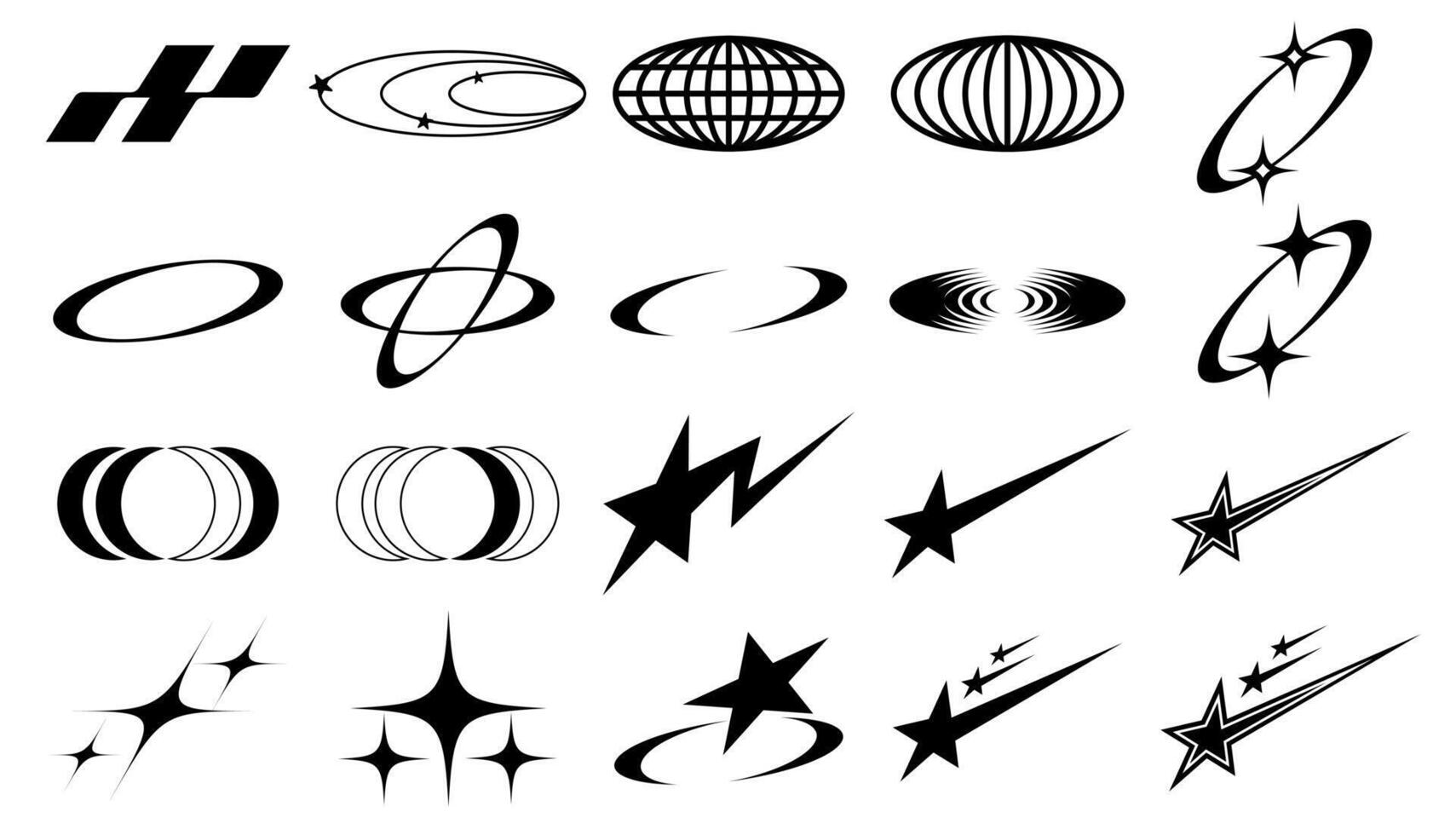 Brutalist abstract geometric shapes and grids. Brutal modern shapes, stars, lines, circles, oval spiral flower and other primitive elements, Memphis geometric silhouette elements set vector