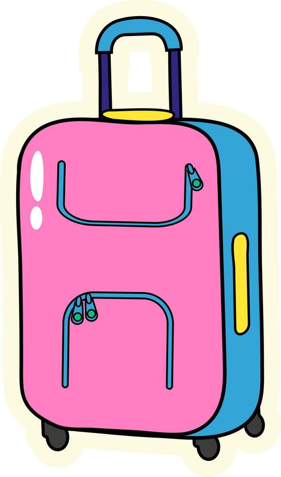 Colorful suitcase on wheels in doodle style. Isolated sticker of plastic and fabric luggage for tourism, travel concept, hand drawing illustration vector