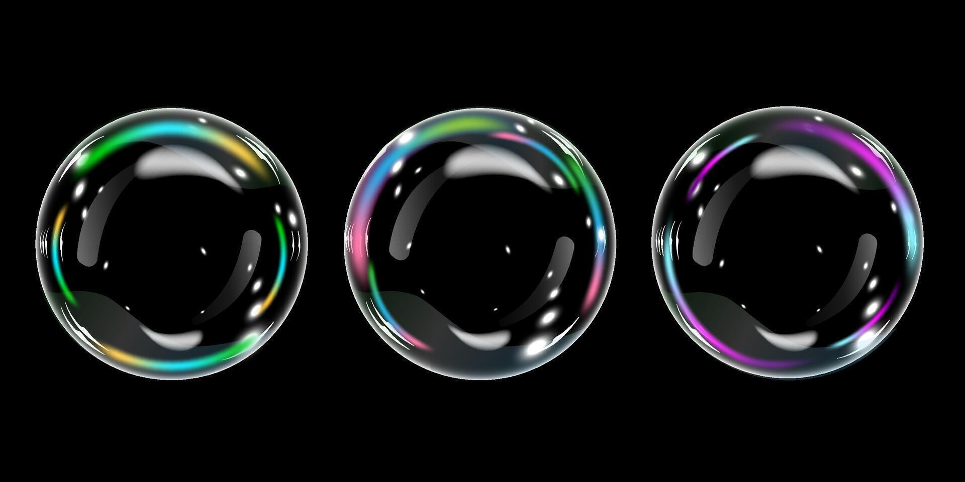3D transparent round bubbles with refraction and glare. illustration with soap foam or colorful shiny rainbow balls isolated on dark background, glass liquid, liquid form with holographic. vector