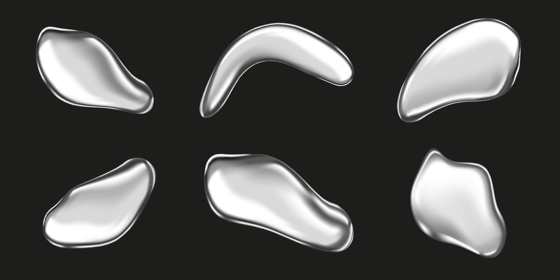 Set of metal drops realistically isolated on a black background. Silver ball, chrome sphere, liquid metal. Spherical 3D spheres. Precious stone. illustration for your design and business vector