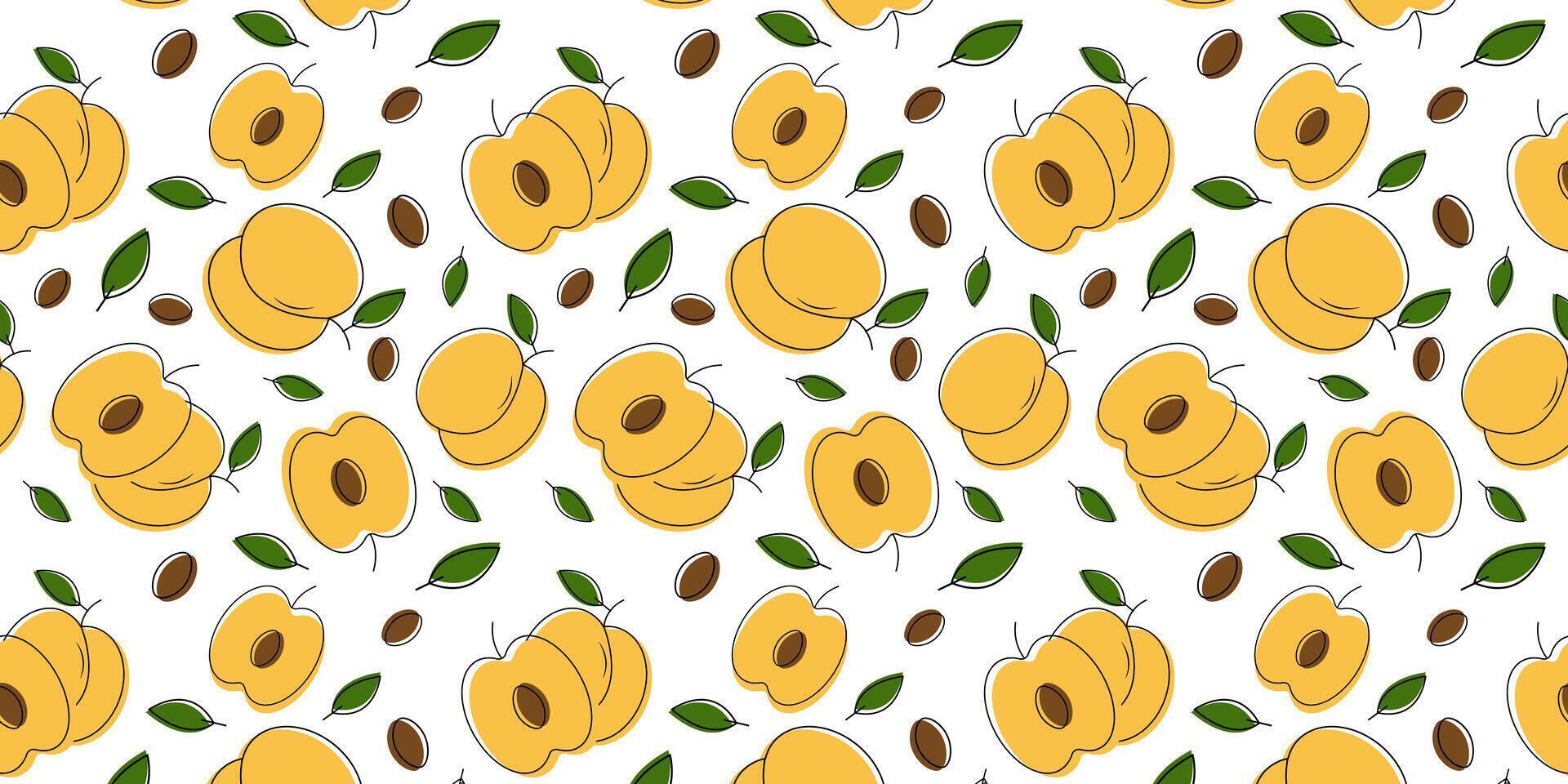 Simple seamless pattern peach with leaves, branches, pit, fruit illustration in line art style for textile, wallpaper, website, mobile app, fruit illustration in line art style vector