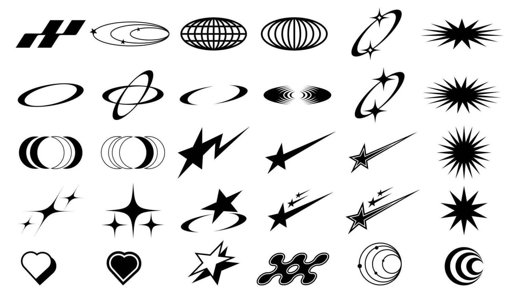 Set of brutalist abstract geometric shapes and grids. Brutal modern shapes, stars, lines, circles, oval spiral flower and other primitive elements, Memphis geometric silhouette elements set vector